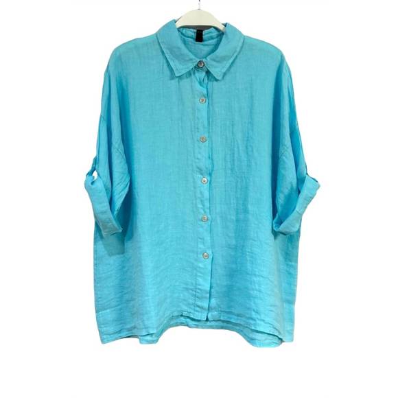 NEW VENTI6 women's button down linen roll up sleeve top in aqua - Picture 1 of 1